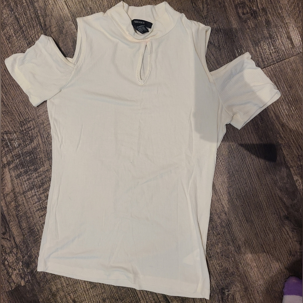 Forever 21 Cream Cut-Out Shoulder Blouse